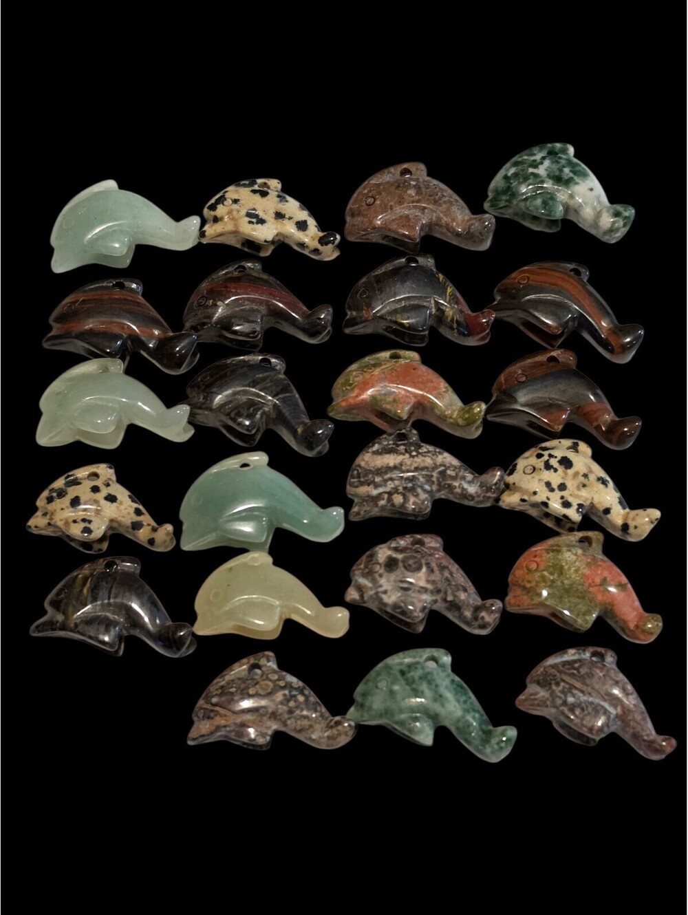 23pc Hand Carved Gemstone Dolphin Beads Lot Tiger Eye Dalmatian Jasper Crystal